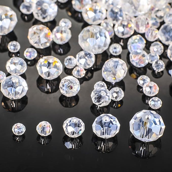 Song Xi 1250PCS AB White Crystal Beads for Jewelry Making, Rondelle Glass Beads for Bracelets Necklace, Earring, Pendants and Making Supplies, Bulk, Arts and Crafts, Sparkling (3/4/6/8/10mm)