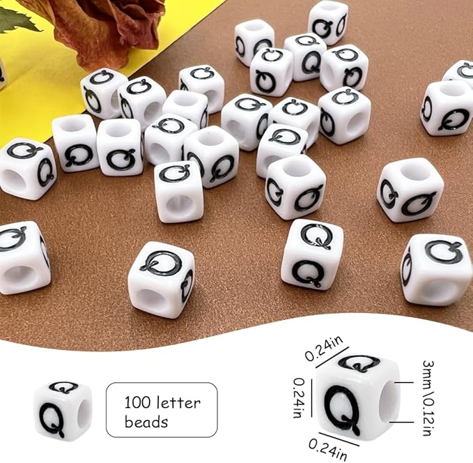 MIIIM 100pcs Pony Beads Letter Q for Keychains Making, 6x6mm Large Hole Square Letter Beads for Bracelets Making, Alphabets, Numbers (White and Black)