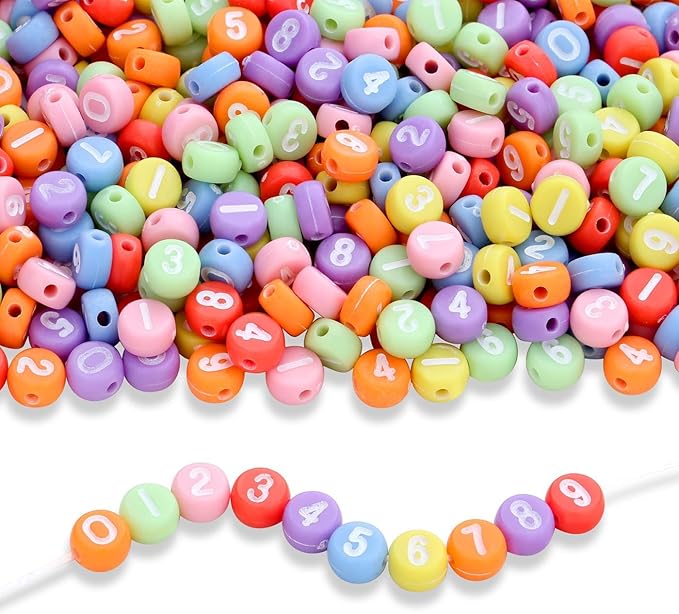 LAIDANLA 1000PCS Acrylic Number Beads White Number Colorful Round Bead 7×4mm for Jewelry Bracelets Necklaces Key Chains Making