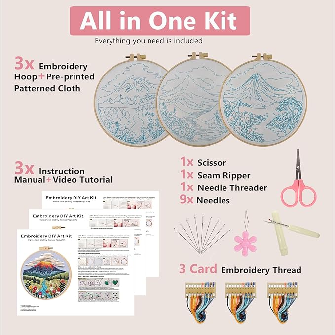 Embroidery Kit for Adults, Pre-Stamped Pattern Embroidery Kit for Beginners, DIY Hand Needlepoint Starter Kit with Hoop Thread Needle Instruction, 6.3'' Hoop (Nature Landscape 3 Packs)