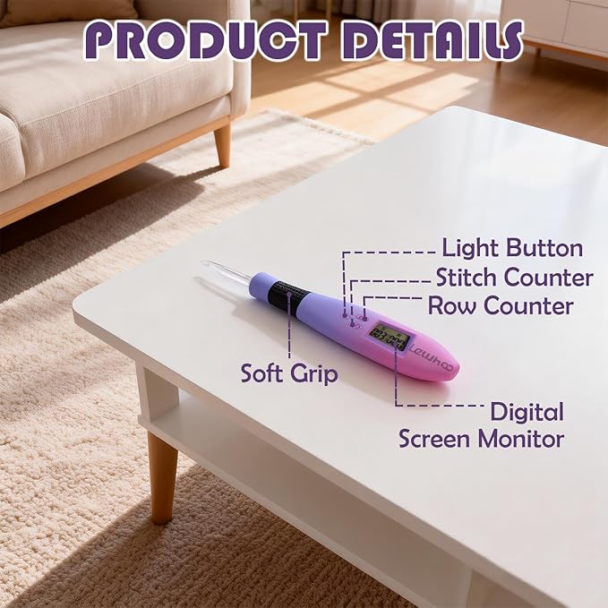 Lewhoo Lighted Crochet Hooks Set, 11 Size Light up Rechargeable Crochet Needle for Fluffy Yarn with Counter 2.5-8.0mm, Ergonomic Handle with Screw Gradiant Purple Glow in Dark