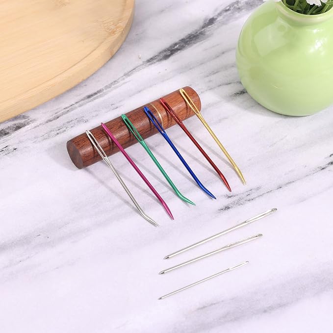 18pcs Large Eye Hand Knitting Needles, Aluminum Big Eye Sewing Needles Kit with Curved Needle & Blunt Needle & Wooden Needle Case for Quilting Beading Crochet Projects for Twine Yarn Wool