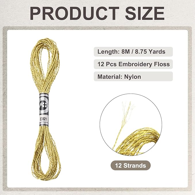 PATIKIL 12 Skeins Embroidery Floss, Metallic Embroidery Thread Nylon Threads Bracelets String for Cross-Stitch Hand Embroidery, Light Gold