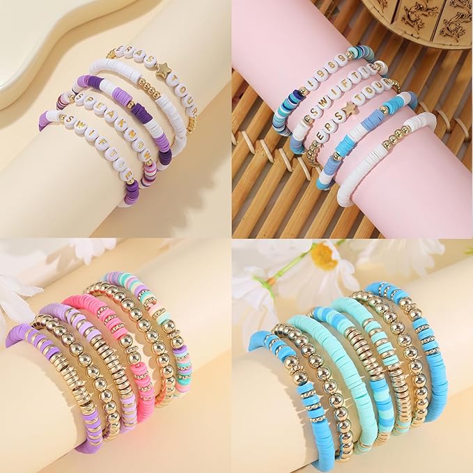 2220pcs Purple Blue Polymer Clay Beads Assorted Pearl Acrylic Round Heishi Flat Round Letter Silver Gold Spacer Beads for Friendship Bracelet Necklace Jewelry Making