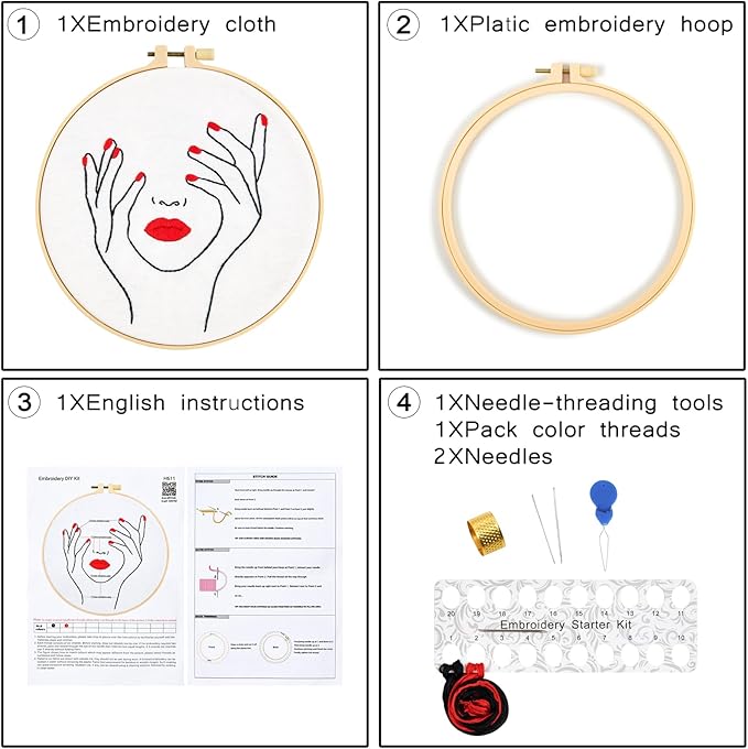 Embroidery Starter Kits for Beginners Adults, Stamped Cross Stitch Kits with Human Face Patterns for Beginners Adults, Craft Hobbies Set for Women, Embroidery Fabric, Threads, Hoops and Video Tutorial