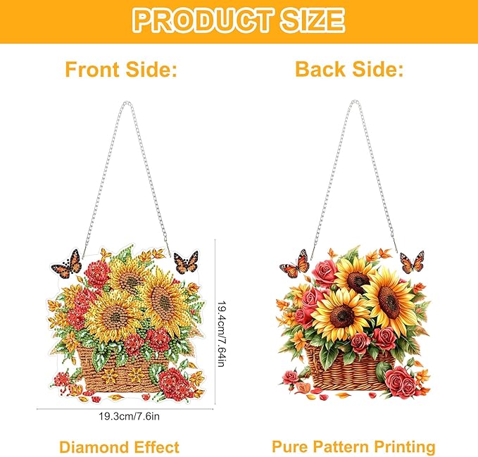 QENSPE Diamond Painting Art Hanging Kits for Adults, 5D Sunflower Diamond Paingting Ornaments with Chain, DIY Butterfly Crystal Window Pendants for Home Wall Decor Double Sided Gift 8X8 inch