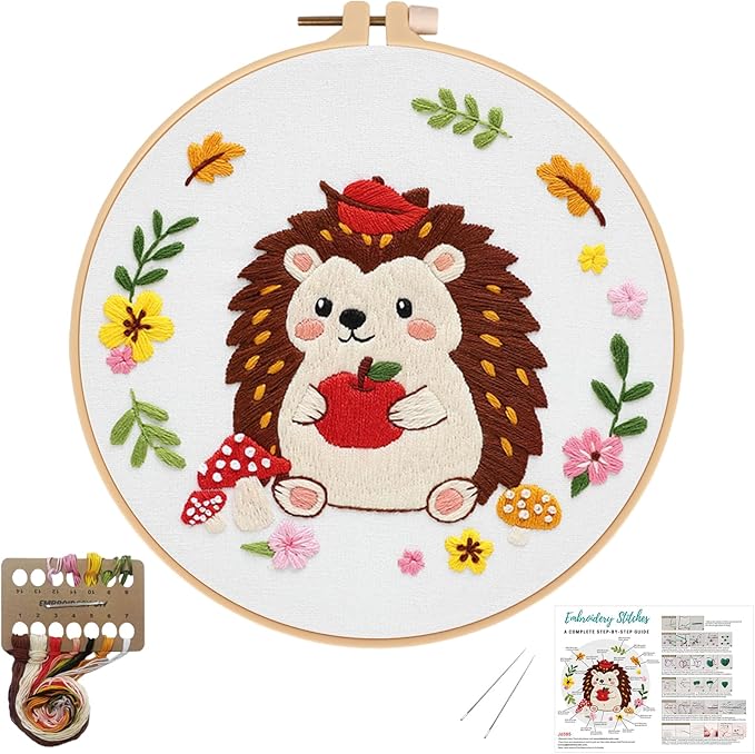 Louise Maelys Embroidery Kit for Beginners with Hedgehog Pattern - DIY Cross Stitch Kit with Pre-Printed Fabric, Hoop, Threads & Needles - Adorable Animal Embroidery Kits