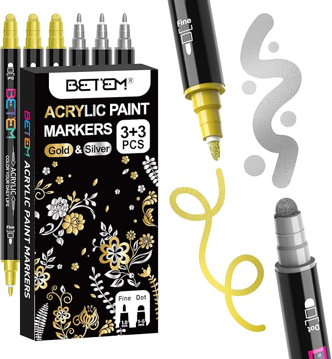 Betem 6 Gold&Silver Dual Tip Acrylic Paint Pens Markers, Fabric Decorating Kits Premium Water-Based Acrylic Paint Markers for Fabric, Rock, Wood, Glass, Eggs, Canvas, Ceramic, Easter Basket Stuffers