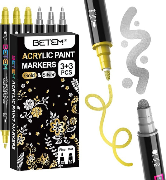 Betem 6 Gold&Silver Dual Tip Acrylic Paint Pens Markers, Fabric Decorating Kits Premium Water-Based Acrylic Paint Markers for Fabric, Rock, Wood, Glass, Eggs, Canvas, Ceramic, Easter Basket Stuffers