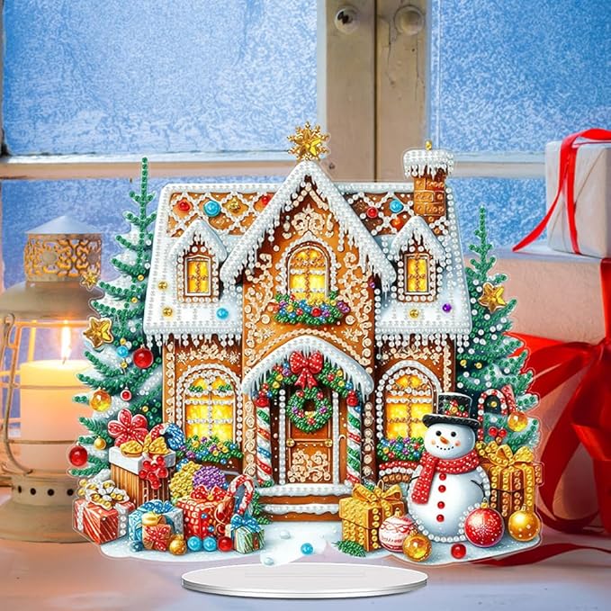 LAKEQUILL Christmas Diamond Painting Kits, Tabletop Ornament, Stand Up Diamond Art Desktop Kits Cookie House for Home Office Decor, New Year Gift