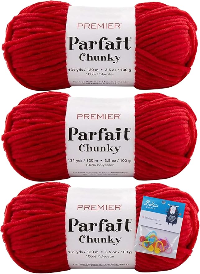 Premier Yarns Parfait Chunky Chenille Yarn 3.5 Oz Super Bulky Weight 3 Pack Bundle with Bella's Stitch Place Holders (Cardinal)