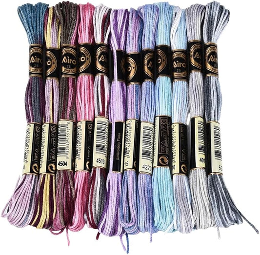 12 Skeins 105 Yards Cross Stitch Floss Variegated Embroidery Thread Bulk 6 Ply Polyester Colorful Purple Friendship Bracelet String for Sewing Making Needlecraft Knitting Clothes Stitching