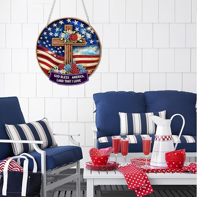 DOMROM 4TH of July Diamond Art Hanging Kit for Adult, Cross Diamond Art Hanging Kit, Patriotic DIY Diamond Art, Independence Day Diamond Hanging Pendant, Window Pendants Garden Wall Hanging Ornament