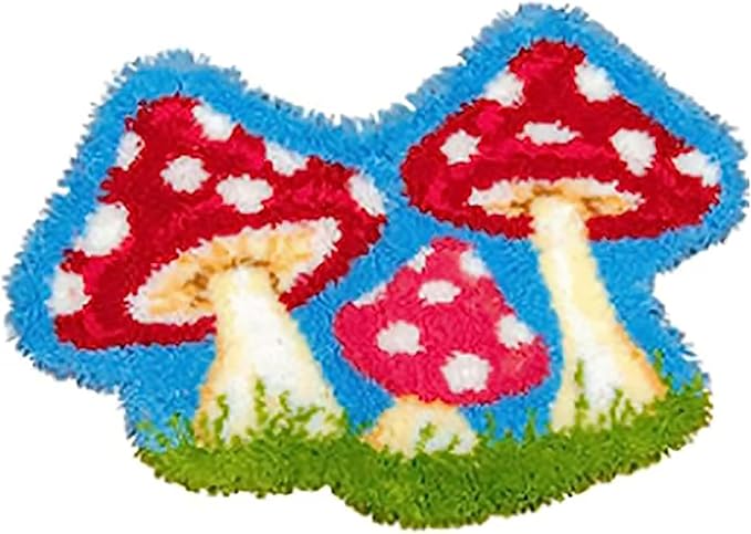 ZFFLYH Latch Hook Kits for Adults Kids, DIY Rug Tapestry Crochet Yarn Kits Crafts Mat Cushion Embroidery Arts with Printed Canvas for Home Decor Festival Gift,3 Mushrooms