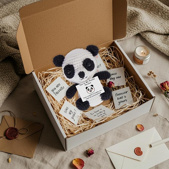 Handmade Mini Positive Crochet Animals Customizable Card Set with Positive Messages Emotional Support Crochet Birthday Gift for Woman Men Her him Motivational Desk Decor (Panda - Love)