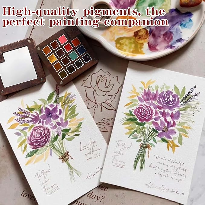 Mini Watercolor Paint Set - 15 Color Travel Watercolor Palette Set - Portable Water Color Paint Set with Binder Clips, Watercolor Brush Pens, Wooden Box for Beginners Painters Artists Student