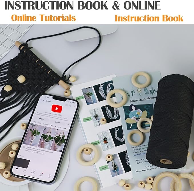 ewparts macrame kit for adults beginner diy craft kits with step by step instruction book,3mm macrame cord black,wooden beads, wood rings to make plant hanger, boho wall hanging decor, book marks