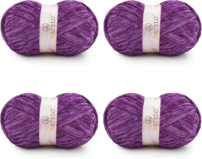 Velvet Chenille Yarn for Crocheting & Knitting 1440 Yards, Soft Thick Fluffy Bulky Blanket Yarn, 4 Pack of 10.5oz (Dark Purple)