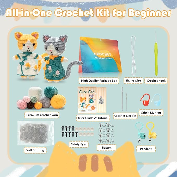Youkali Crochet Kit for Beginners, Crochet Starter Kit with Step-by-Step Video Tutorials, Easy Beginner Crochet Kit for Adults, Crochet Animals Crafts Crochet Kits, Easy Knitting Kit. (Cat)