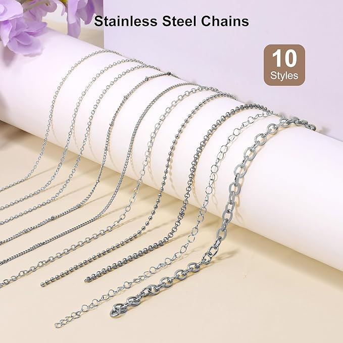 PP OPOUNT Silver Necklace Chains for Jewelry Making, 78.7 Feet 10 Rolls Stainless Steel Chain for Jewelry Making DIY Necklace Bracelet Belt Earrings with Open Jump Rings & Lobster Clasps