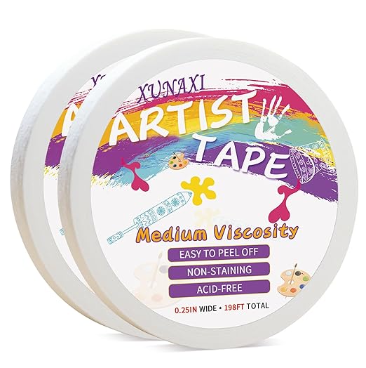 2 Packs Artist Tape Medium Tack White Art Tape for Watercolor Paper Drafting Art Painting Canvas Framing Acid Free Masking Tape- 0.25IN Wide 197FT Long Total