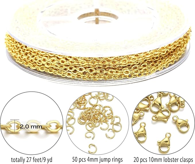 18K Gold Plated Stainless Steel Jewelry Chain Kit – Cross Chain with Lobster Clasps & Jump Rings for DIY Necklaces, Bracelets, Jewelry Making Supplies (18K 2.0 mm)