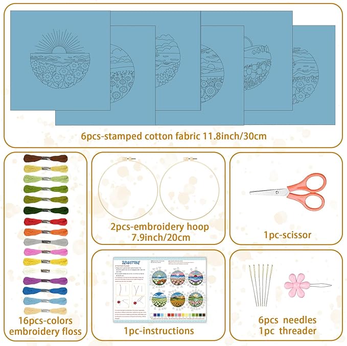 BEUNITONE Spring Landscape Embroidery Kit for Beginners, 6PC Needlepoint Kits with Hoops, Instructions, Threads, Needles, DIY Home Decor Craft for Adults, Creative Hand Embroidery Patterns for Gifts