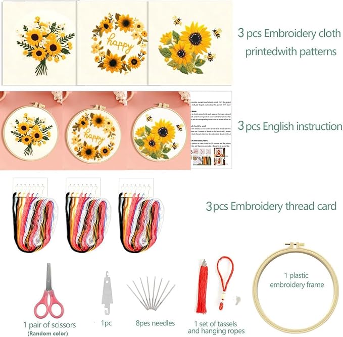 Zhenqing Cross Stitch Kit for Beginners, Flower Pattern and Butterfly Design, Stamped Embroidery Set (Flower Bee)