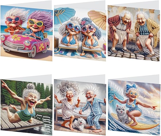6 Pack 5D DIY Diamond Painting Grandma Greeting Card Kit, Diamond Art Christmas Birthday Holiday Greeting Card, Art Crafts Kit Creative Gift with Envelope