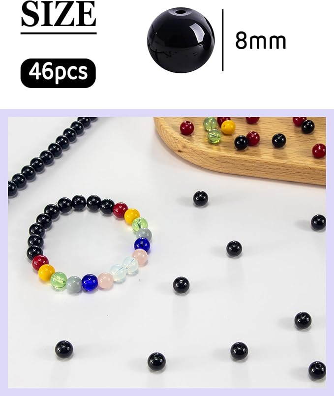 8mm Glass Beads 46PCS Glass Beads for Jewelry Making Charm Round Loose Bead for Bracelet Making Kit (Black Agent)