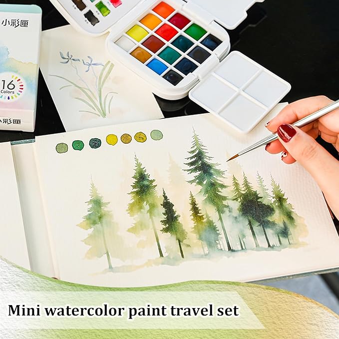 Mini Travel Watercolor Paint Set - Small Pocket Water Colors Paint Set with 16 Colors, Sketchbook, Brush, Clip, Portable Painting Art Kit for Adult, Beginners, Artists & Painting Enthusiasts