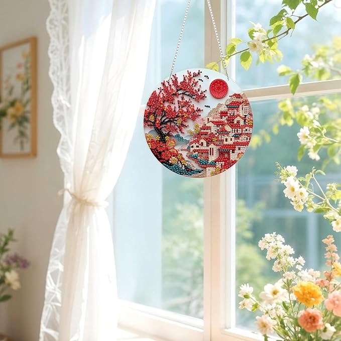 Lxmsja DIY Chinese Village Diamond Painting Hanging Ornament, Double-Sided Acrylic Red Blossoms Diamond Art Kit, Special Shaped Suncatcher Hanging Pendant Window Art Kit