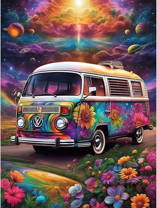 SENQAO Bus Diamond Painting Kits for Adults, Car Flower Full Drill Diamond Dots Paintings for Beginners, Round 5D Paint with Diamonds Pictures Gem Art Painting Kits DIY Crafts Kits 12x16inch
