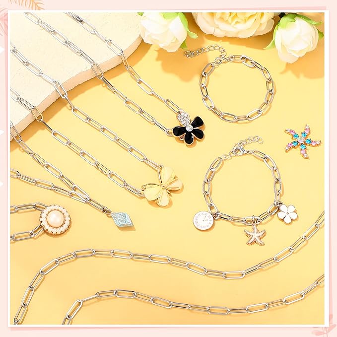 Landical 20 Pcs Charm Necklace Bracelets Making Kit Paperclip Chain Valentines DIY Jewelry Making Supplies Paperclip Link Necklaces with Lobster Clasps for Women Men Bulk Gifts(Silver,18 Inches)