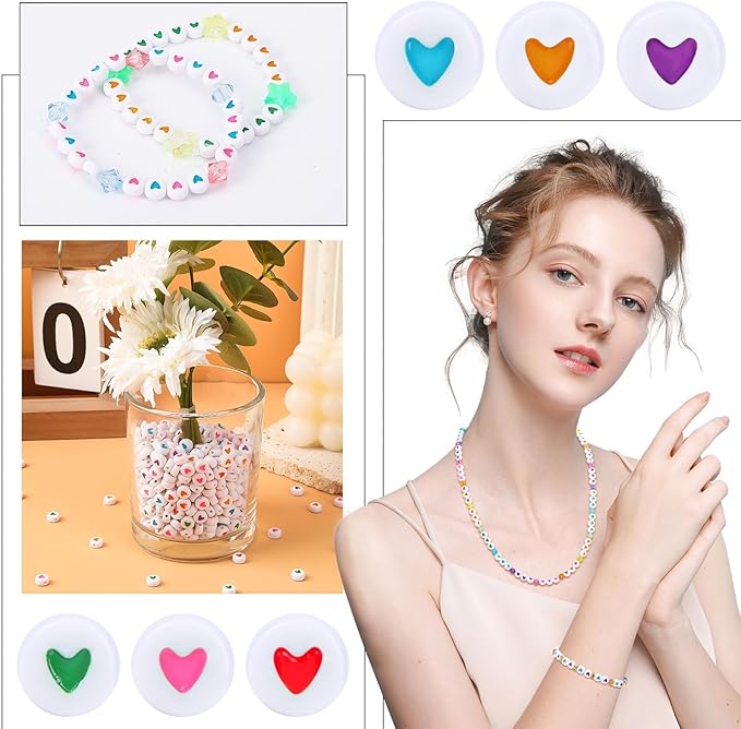 Augshy 700Pcs Round Heart Beads,Valentine's Day Acrylic Heart Beads for Bracelets Jewelry Making Lanyard Necklace Friendship Bracelets(4 x 7 mm)