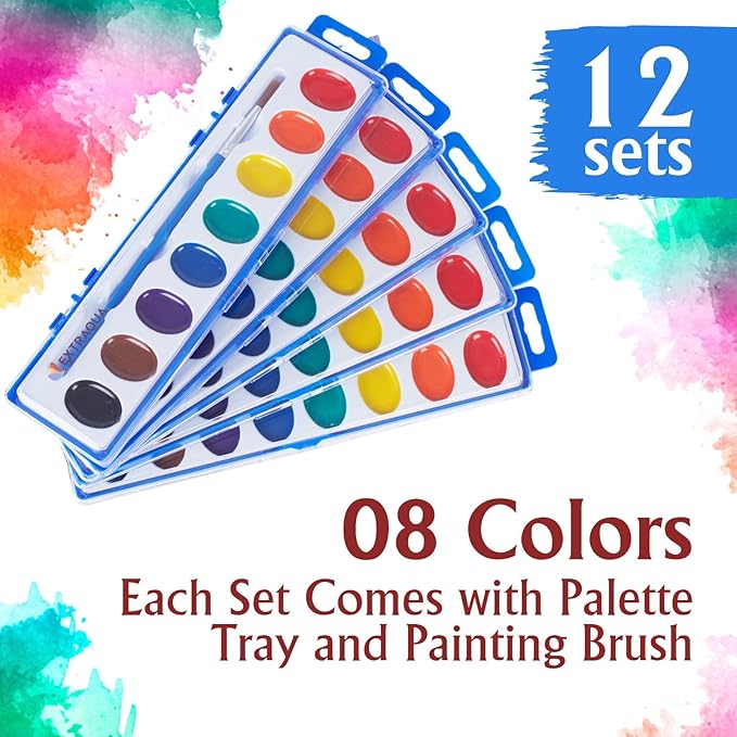 Watercolor Paint Sets for Kids - Bulk Pack of 12 with 8 Washable Paint & Brush - Perfect Kids Painting Set for Classrooms, Party Favours & Creative Fun