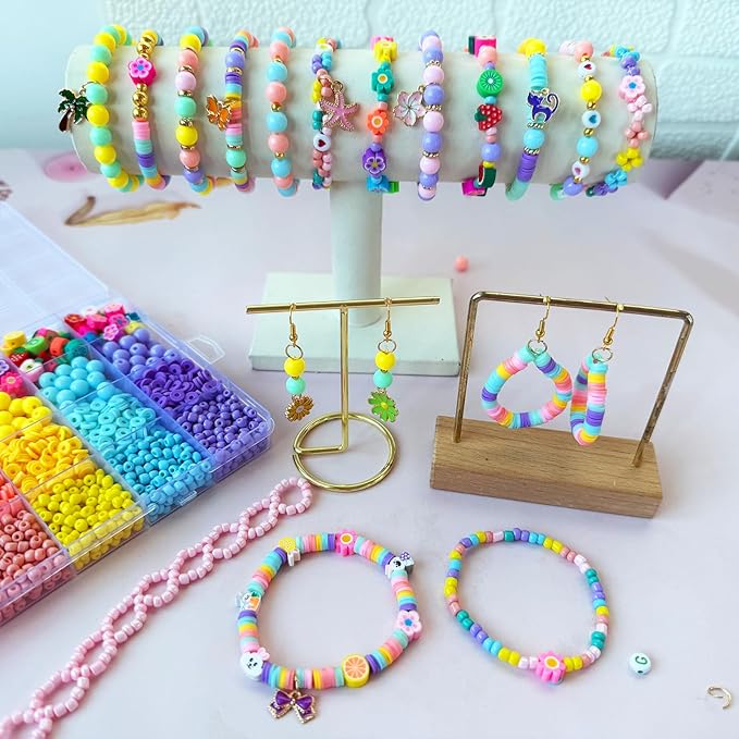 3100Pcs Clay Bead Bracelet Making Kit - Macaron Polymer Clay Heishi Seed Beads Assorted Acrylic Round Pastel Beads Gold Spacer Beads Spring Flower Charms for Bracelet Jewelry Earring Making DIY Craft