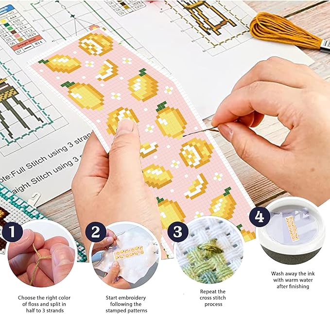 FREEBLOSS 6 Set Cross Stitch Bookmark Kit Stamped Cross Stitch Kit Refreshing Fruits Theme Embroidery Set with Instruction for Adults 8''*2.4''