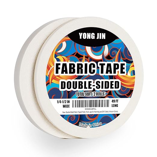 YONGJIN Double-Sided Fabric Tape (2 Rolls) - No Sewing or Ironing Required, Perfect for Quick Clothing Repairs, Fabric Bonding, Adhesive Cloth Tape for Hemming and DIY Crafts (1/4inch+1/2inch)