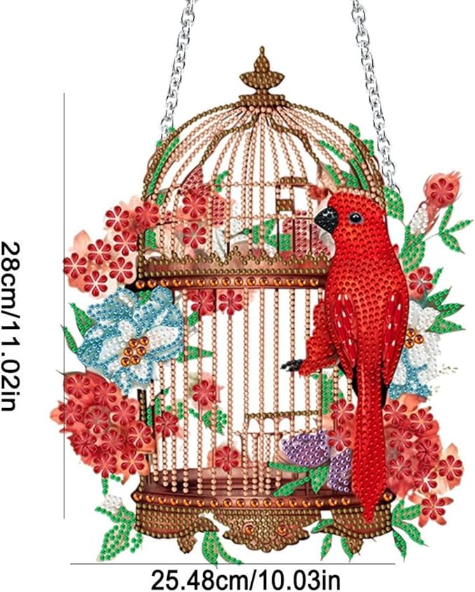 Flower Birdcage Design DIY Diamond Art Painting Wreath Kits Special Shaped Rhinestone Diamond Art Window Pendants Home Garden Wall Hanging Kits (Single Side Point Drill) (#11-Cat) (#04-Bird)