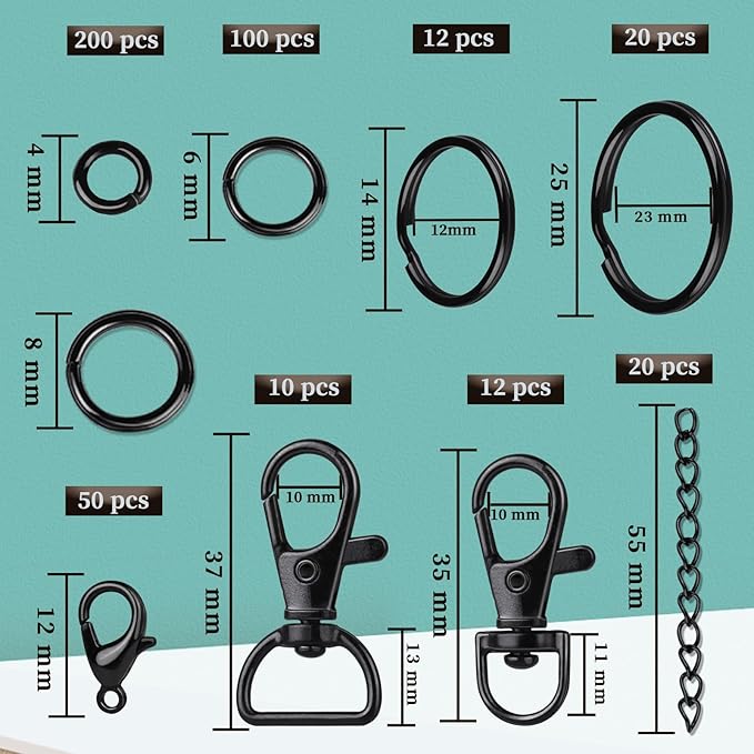 teenitor 524pcs keychain making kit, keychain craft supplies key chain clips, lanyard snap hooks， key rings and jump rings for keychain making supplies jewelry lanyard making, keychain kit black