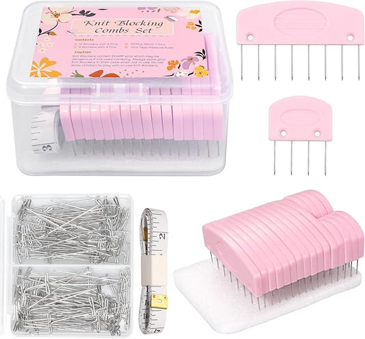 120 Pcs Knit Blocking Combs Pins Kit, 20Pcs Pink Color Knit Blockers Pins Kit, 100 T-pins for Blocking Knitting Crochet, Needlework Projects, Knitting Block Pins Tool for Blocking Mats