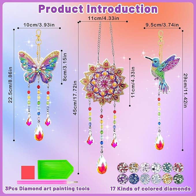Arts and Crafts for Kids 6-12, Birthday Gifts for Girls, DIY Diamond Painting Kits for Kids Teens Adults, Butterfly Sun Hummingbird Wind Chimes for Home Garden Decor