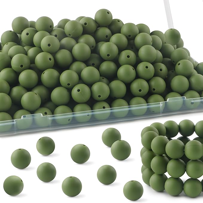 150Pcs 15mm Silicone Beads for Keychain Making Bracelet Necklace, Bulk Round Silicone Beads for Pens（Bean Green）