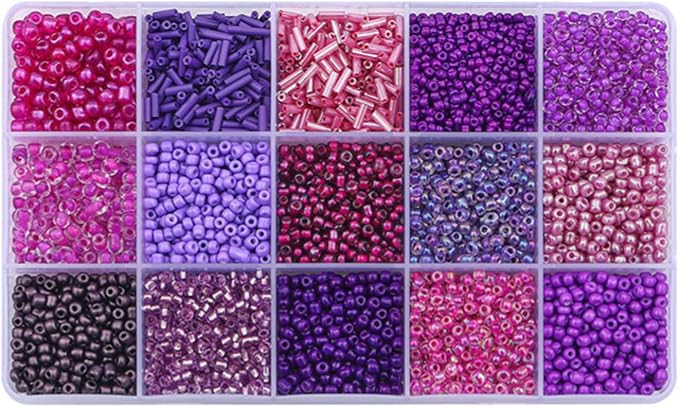 Mix 15 Color Glass Seed Tube Beads Glass Bugle Beads Loose Kit for Jewelry Making DIY Craft Beading (Mix 15 Color, Purple)