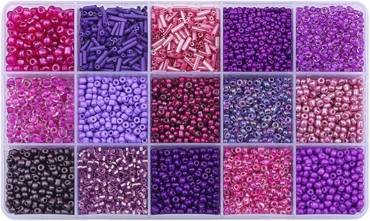 Mix 15 Color Glass Seed Tube Beads Glass Bugle Beads Loose Kit for Jewelry Making DIY Craft Beading (Mix 15 Color, Purple)