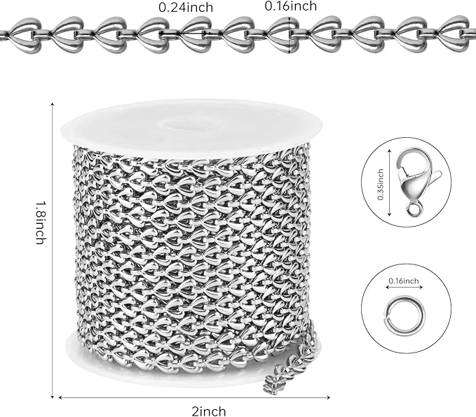 Kyutong 16.4 Feet Hollow Heart Chain for Jewelry Making Stainless Steel Silver Chains for Crafts DIY with Jewelry Clasps Supplies
