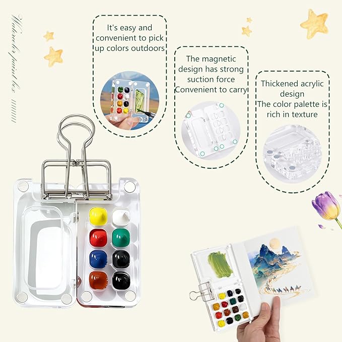 Portable Mini Watercolor Paint Set - All-in-One Travel Kit with Paints, Brushes, Palette, Bag, and Water Container - Perfect for Artists and Beginners-8 Grids