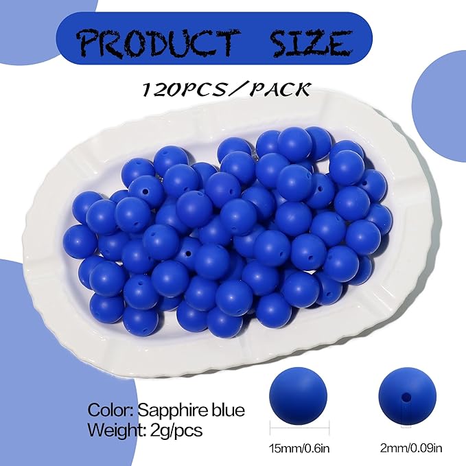 120pcs 15mm Bulk Silicone Beads for Pens, Keychains, Necklaces and Bracelets Making,Assorted Rubber Beads Set (Sapphire Blue)