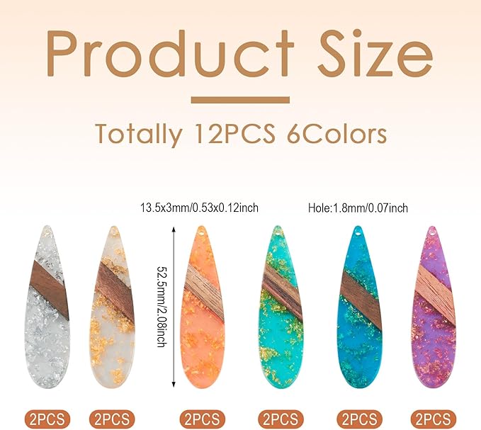 Beadthoven Transparent Teardrop Big Pendants for Jewelry Making, 12Pcs/6 Pairs Resin Wood Charms Glittery Crystal Pendants for Women Wood Earrings Necklace Bookmarks Making DIY Crafts Supplies